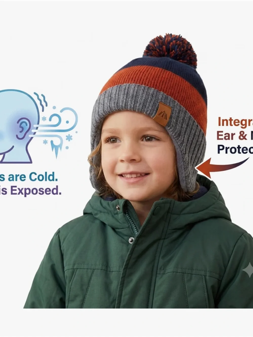 Kids Earflap Pom Beanie Hat - Gray, Navy & Orange